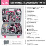 Kit de taladros de destornillador eléctrico rosa de alta especificaciones, juego de herramientas para el hogar, taladros eléctricos inalámbricos de reparación, caja de herramientas completa, martillo