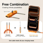 Cable de Datos Plegable 2 en 1 de 240W con Carga Rápida, Negro/Naranja, Tipo-C a Tipo-C, con Soporte para Teléfono/Tablet