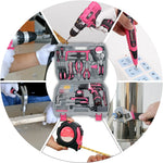 Kit de taladros de destornillador eléctrico rosa de alta especificaciones, juego de herramientas para el hogar, taladros eléctricos inalámbricos de reparación, caja de herramientas completa, martillo