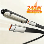 Cable de Datos Plegable 2 en 1 de 240W con Carga Rápida, Negro/Naranja, Tipo-C a Tipo-C, con Soporte para Teléfono/Tablet